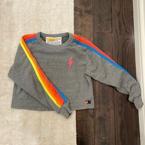 Aviator Nation Bolt Cropped Classic Sweatshirt in Heather Grey & Neon Rainbow